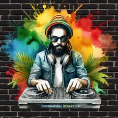 male DJ man on International Reggae Day celebration. Ragga Jamaican dance music DJ raggae