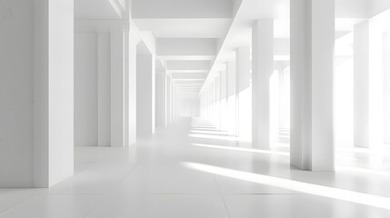 An endless white hallway featuring sleek columns, clean lines, and abundant natural light streaming through large windows, creating a bright, minimalist, and modern architectural marvel.