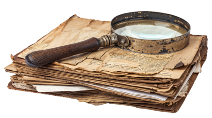 Unveiling the Past: A vintage magnifying glass rests upon a stack of aged documents, inviting exploration into history's mysteries and forgotten knowledge. 
