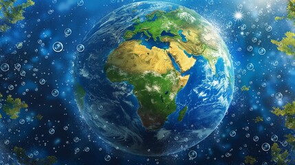 Fototapeta premium A detailed illustration of Earth with vibrant blue oceans and green continents, surrounded by sparkling water droplets and natural elements.