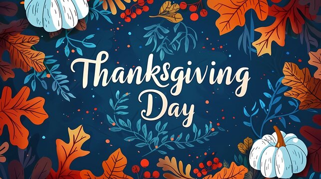 postcard with the inscription Thanksgiving Day on a blue background with silhouettes of white pumpkins, orange and yellow oak and maple leaves, as well as red rowan berries around the inscript