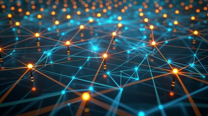 Obraz premium A detailed network diagram with glowing nodes and connecting lines, highlighting the interconnected nature of business success and management strategies.