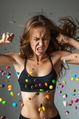 A young woman fighting off sweets and candy