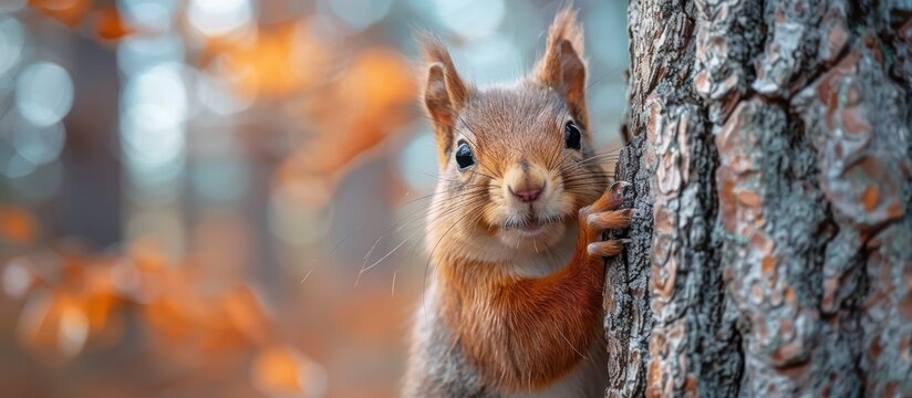 Curious Red Squirrel on a Tree Trunk