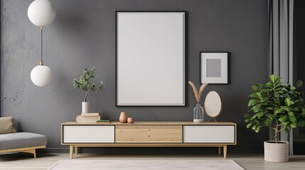 A cozy and stylish living room with minimalist and contemporary decor featuring wooden furniture and modern wall art.