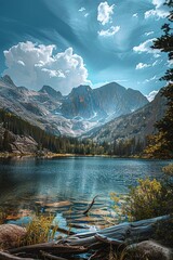 A photo a painting of a mountain lake with a mountain