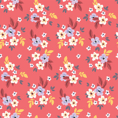Seamless floral pattern, liberty ditsy print, abstract ornament of mini flowers. Cute botanical surface design: small hand drawn daisies, tiny leaves, simple bouquets on pink. Vector illustration.