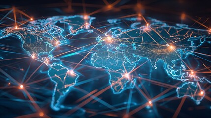 A digital world map with network lines connecting major cities, symbolizing global business success and strategic management.