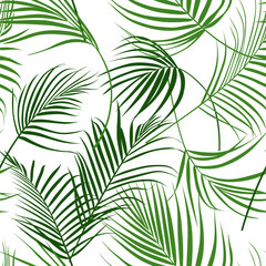 Seamless pattern with green tropical leaves. Hand drawn illustration.