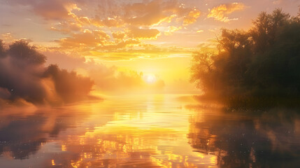 Obraz premium Sunrise Over a Serene River: A tranquil view of a river at sunrise, with the sky painted in warm colors and reflections on the water. The setting should evoke peace and natural beauty.