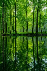 A Photo the tranquil scene of the green forest reflect