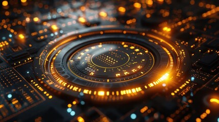 Digital gold vault interface, futuristic black and gold design,