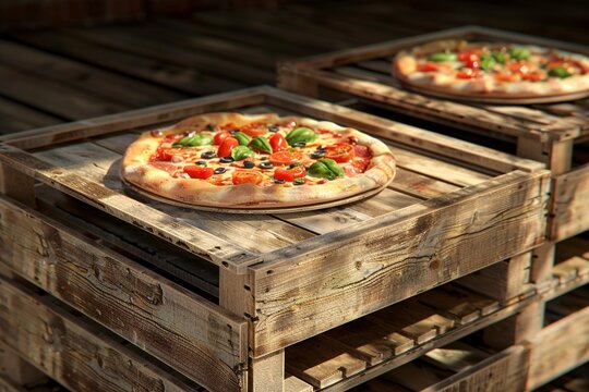 A Pizza boxes with pizza on vintage wooden planks