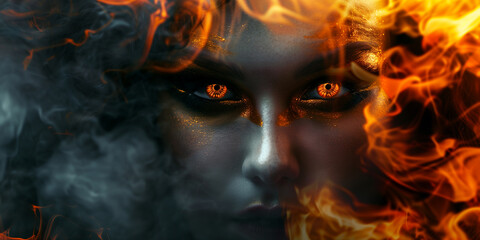 A portrait of a person with glowing eyes and fiery hair, surrounded by dramatic flames