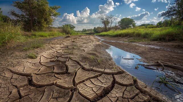 A dried-up riverbed with cracked soil and no water, illustrating the severe droughts caused by global warming.