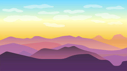 Obraz premium Landscape purple mountains on yellow and blue sunrise background with clouds, tourism in the mountains, view on desert