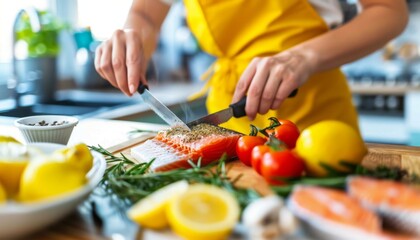 Woman slicing fresh salmon with spices on wooden cutting board