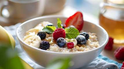 A cozy breakfast nook with a bowl of oatmeal topped with fresh berries, bananas, and a drizzle of honey, accompanied by a cup of herbal tea 