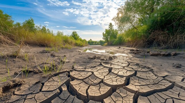 A dried-up riverbed with cracked soil and no water, illustrating the severe droughts caused by global warming.