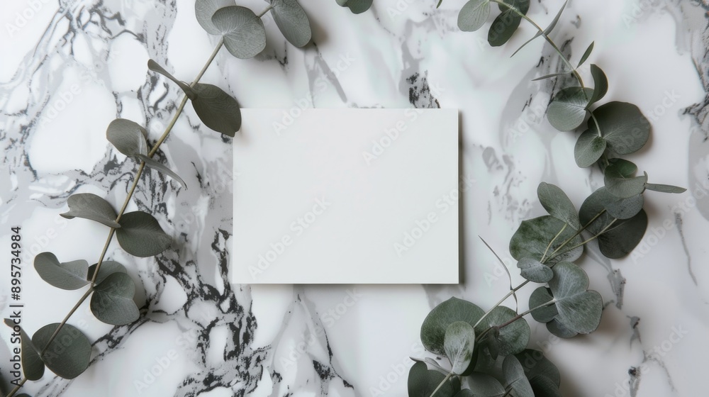 Wall mural a white card with intricate designs and green leaves on a marble surface, ideal for use as a decorat