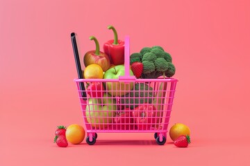 A Shopping basket with fresh food and smart phone