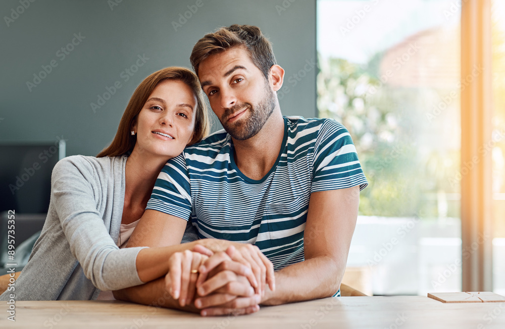 Poster Portrait, couple and hug in home for marriage, together and morning in living room for bonding. Love, support and man with woman for trust, care and security for relationship in house or apartment