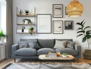 Cozy living room scene with gray sofa and coffee table