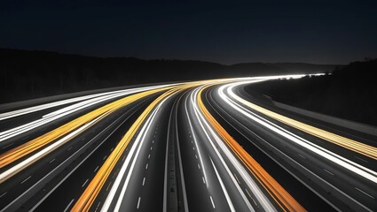 Long exposure shot of a highway at night with streaking headlights and taillights creating dynamic light trails.
