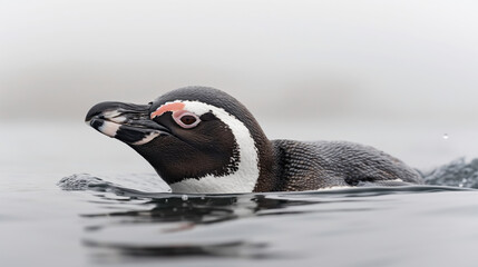 Close-up of a penguin swimming in calm water, showing distinctive markings with dark feathers and white patches on its face.