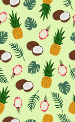 Fruit pattern with tropical leaves on light green background.