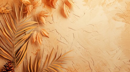 horizontal banner, Sukkot, Rosh Hashanah, dry palm leaves on beige textured background, painted concrete wall, copy space, free space for text,