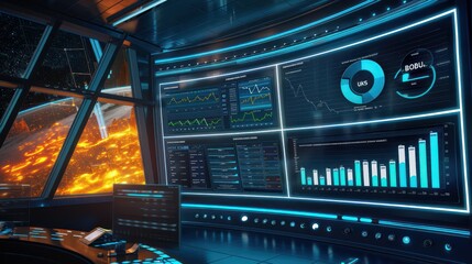 Obraz premium high-concept budget tracking display set in a futuristic observatory, where financial analysts monitor budget performance like celestial movements