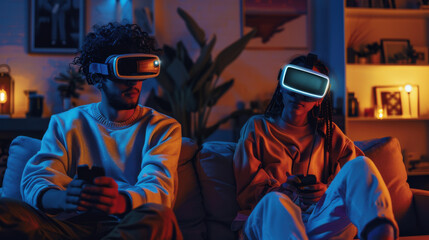 A young man holding a smartphone while his girlfriend is using VR glasses, both enjoying a high-tech evening at home