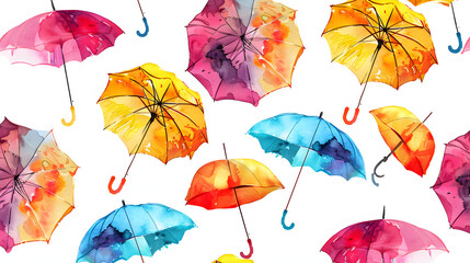 White background featuring a whimsical pattern of vibrant rainbow umbrellas.