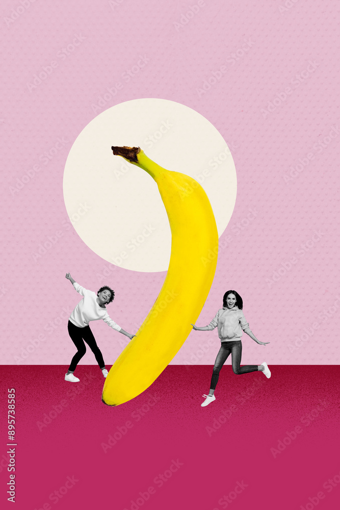 Sticker Vertical poster two girls banana fruit meal nutrition eat calories healthcare tropical exotic vitamins peel drawing background