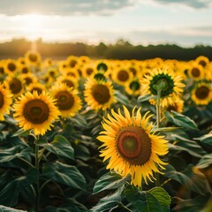 Obraz premium A field of sunflowers in full bloom during the fall, showcasing vibrant yellow flowers against a clear sky. AI generated image.