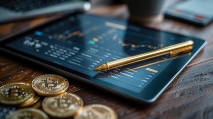 Gold-framed smart contract on sleek black tablet,