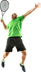 Full-length dynamic image of focused man, tennis player hitting ball with racket in jump isolated...