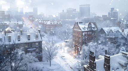 Snowy Cityscape: A panoramic view of a city covered in fresh snow, with buildings, streets, and trees blanketed in white. The setting should highlight the beauty and stillness of a winter city.


