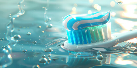Toothpaste and toothbrush on the water surface. Oral hygiene and teeth brushing process.
