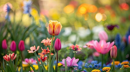 Close-up of a vibrant flower garden in spring with a mix of blooming flowers