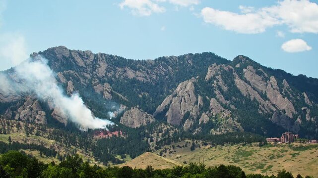Wildfire on Flatirons in Boulder Colorado, Green Mountain Fire Summer 2024, Landscape View of Front Range Fire