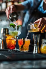 Bartender serving refreshing drinks at a bar.