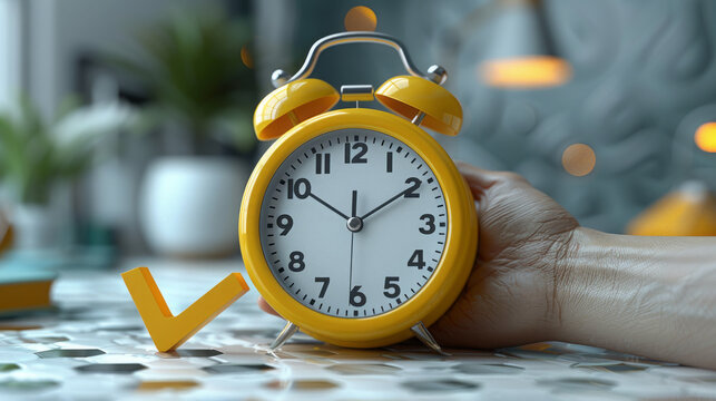 Hand Holding Yellow Alarm Clock