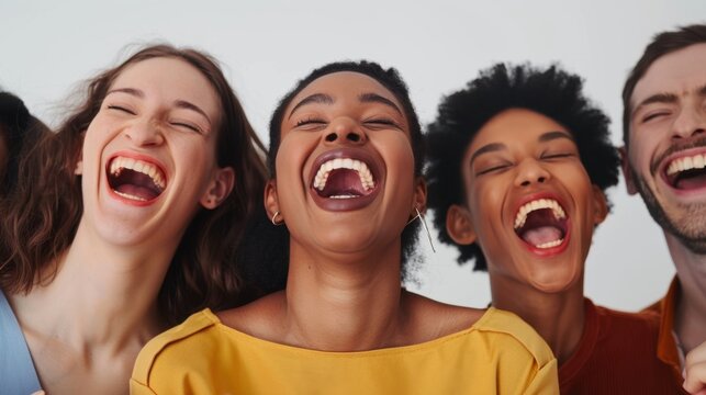 A joyful group of diverse individuals laughing and sharing happiness. Ideal for themes of friendship, community, and positive emotions.