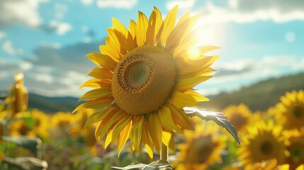 Detailed view of sunflower's golden center, field of sunflowers in background