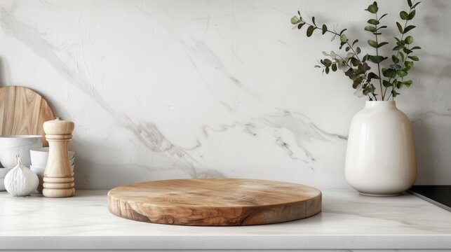Empty wooden stand in a kitchen with a white marble background, designed for food display with clean and elegant presentation