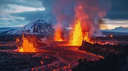 Explosive volcanic eruption in Iceland, featuring dramatic lava fountains and ash plumes