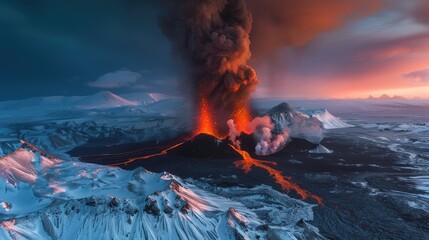 Explosive volcanic eruption in Iceland, featuring dramatic lava fountains and ash plumes