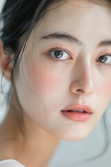 Fototapeta premium A young, beautiful Korean actress with flawless skin. She has pink lips and is wearing minimal makeup, showcasing the result of her skincare routine.